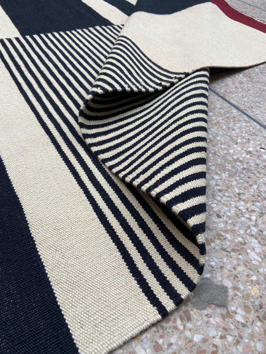 Black ivory and red abstract stripe handmade wool kilim rug – view 3
