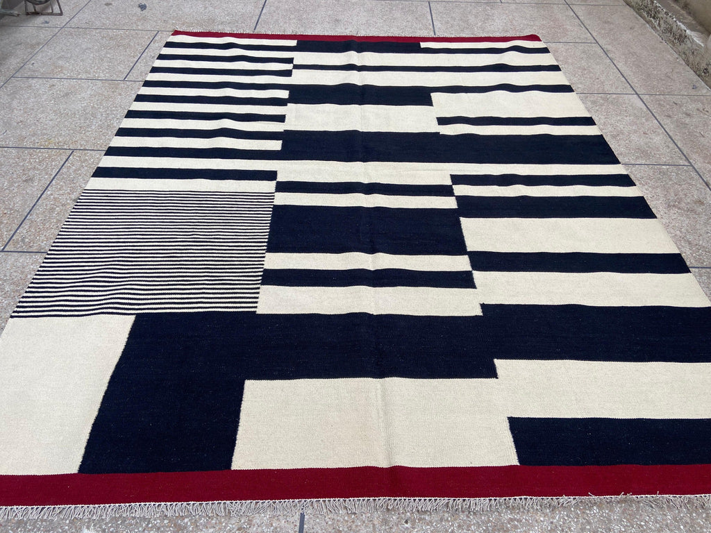 Black ivory and red abstract stripe handmade wool kilim rug – view 4