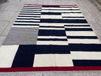 Black ivory and red abstract stripe handmade wool kilim rug – view 4