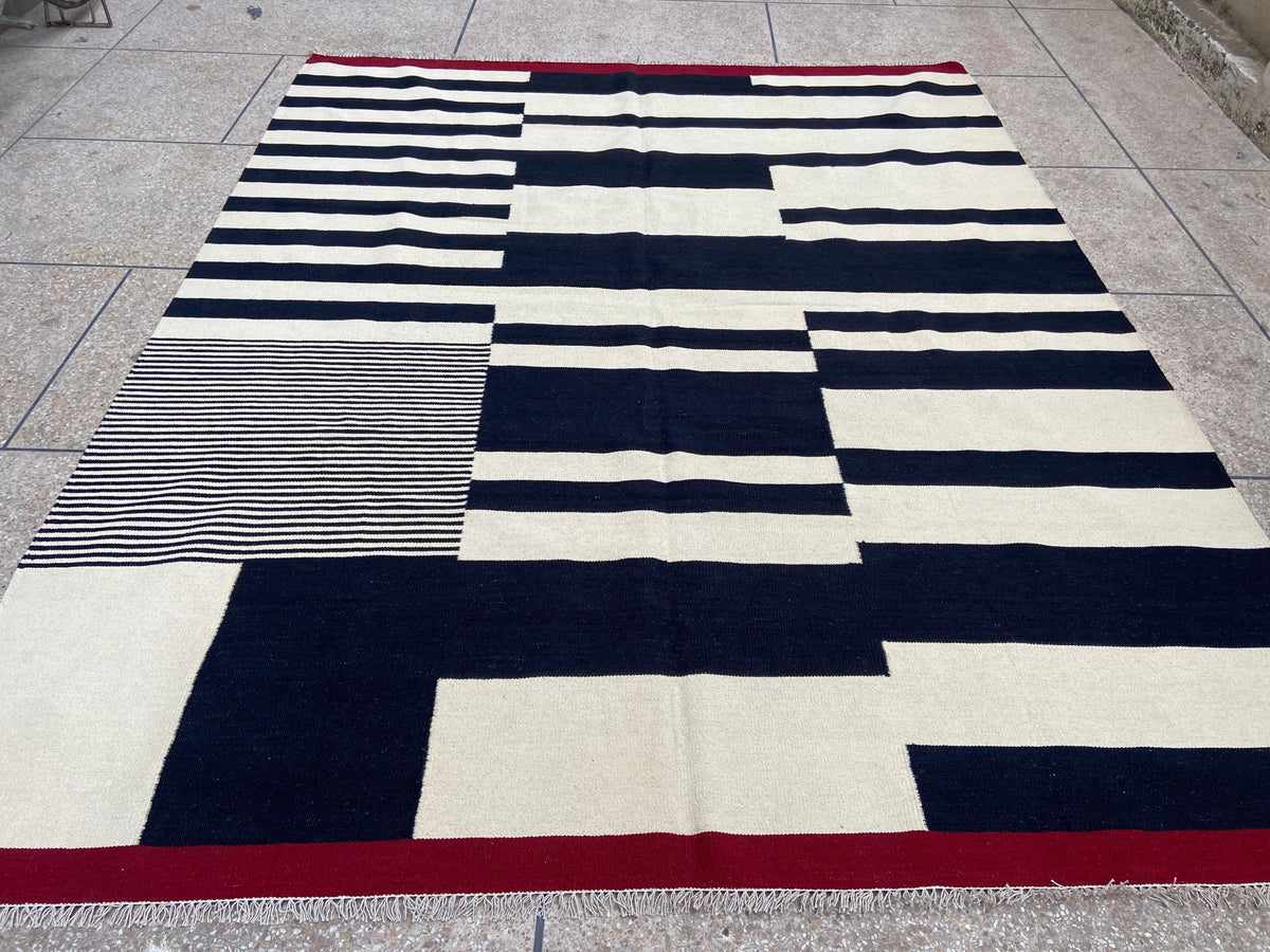 Black ivory and red abstract stripe handmade wool kilim rug – view 4