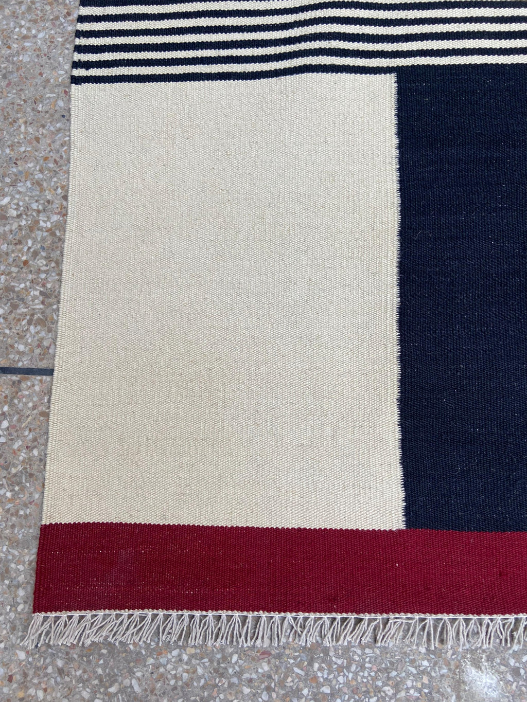 Black ivory and red abstract stripe handmade wool kilim rug – view 5