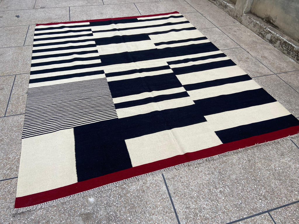 Black ivory and red abstract stripe handmade wool kilim rug – view 6