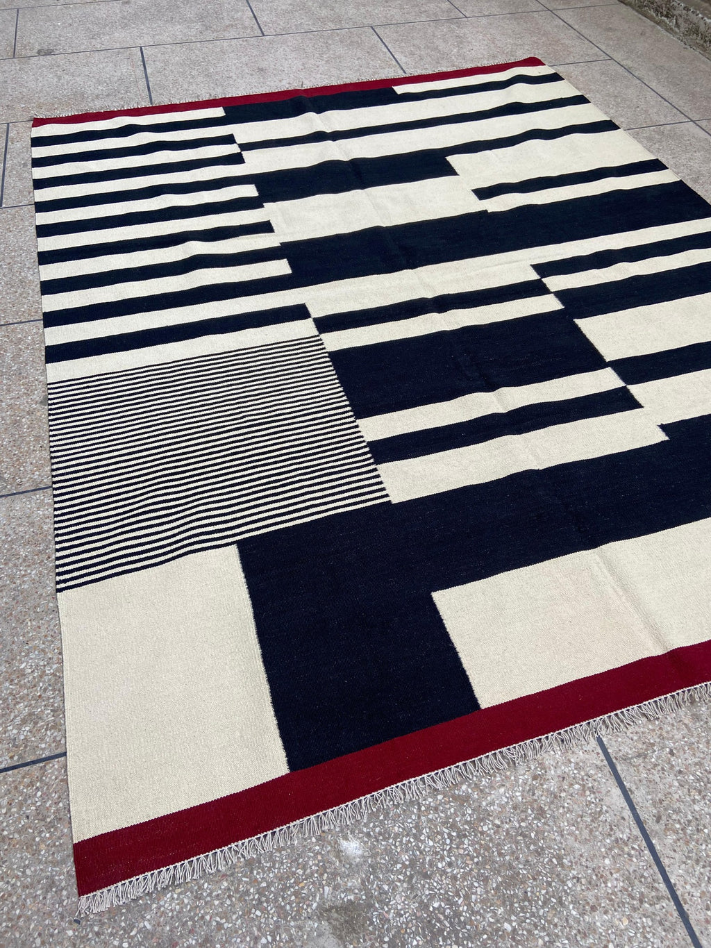 Black ivory and red abstract stripe handmade wool kilim rug – view 7