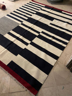 Black ivory and red abstract stripe handmade wool kilim rug – view 8