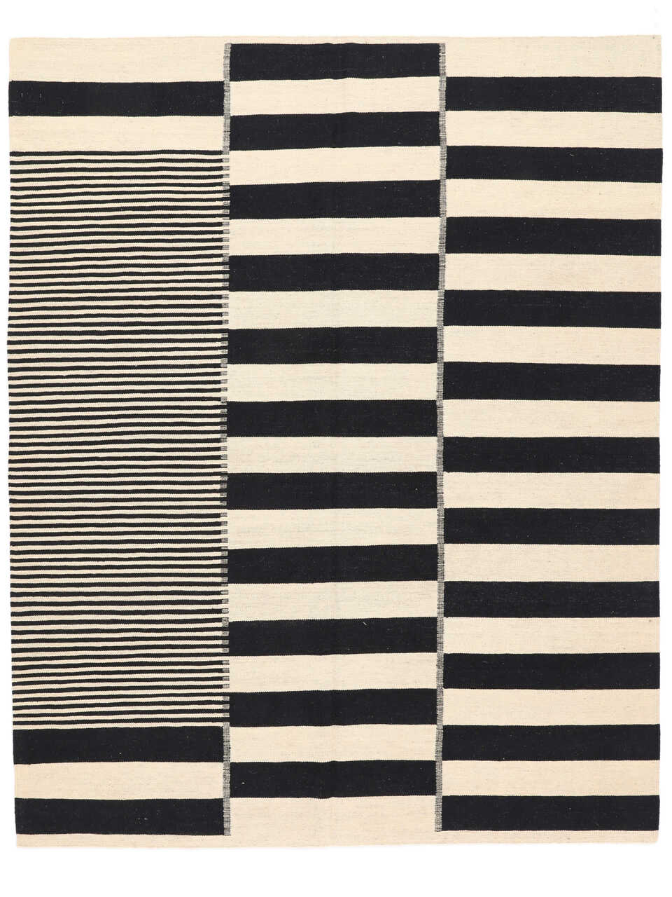 Black and ivory striped modern wool kilim rug, full view