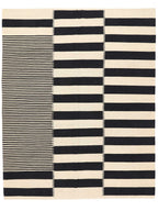 Black and ivory striped modern wool kilim rug, full view