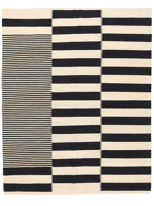 Black and ivory striped modern wool kilim rug, full view
