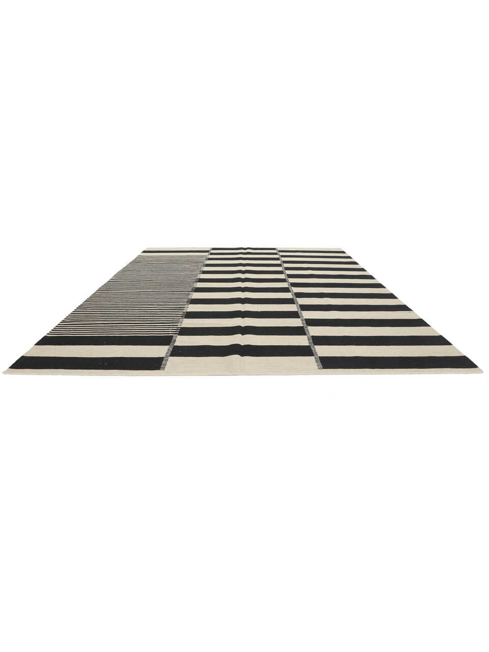 Black and ivory striped modern wool kilim rug, detail 2