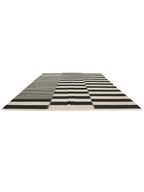 Black and ivory striped modern wool kilim rug, detail 2
