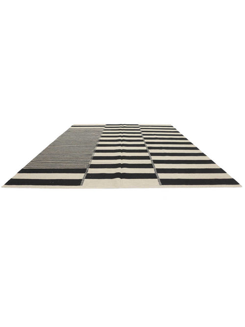Black and ivory striped modern wool kilim rug, detail 2