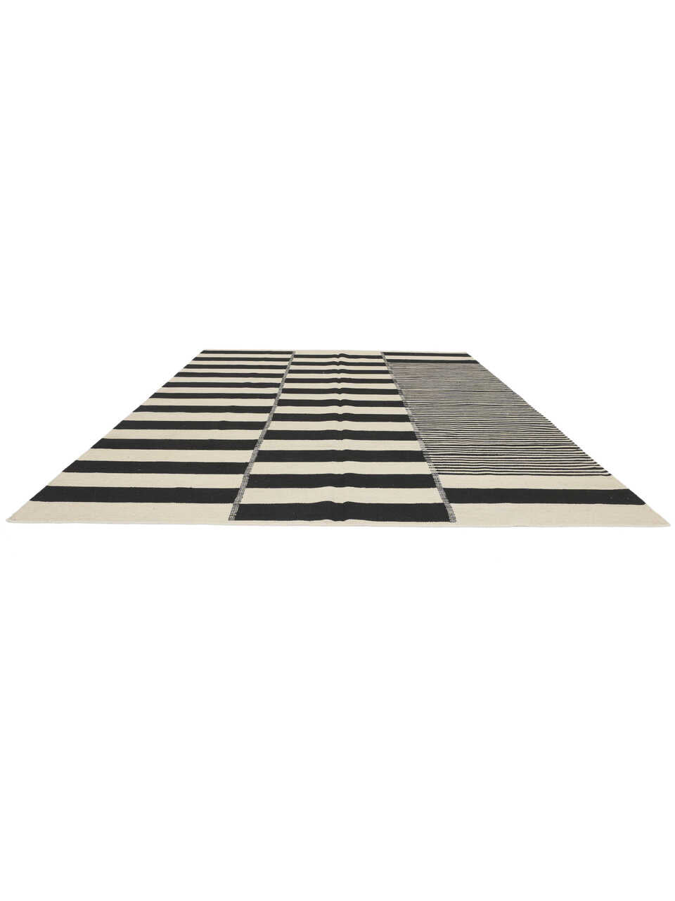 Black and ivory striped modern wool kilim rug, detail 3