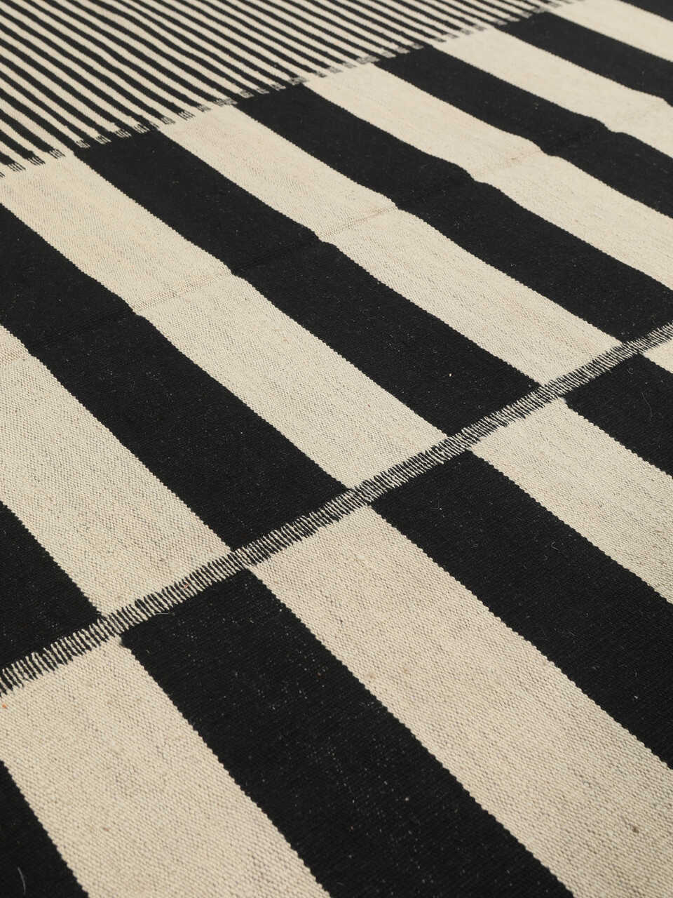 Black and ivory striped modern wool kilim rug, detail 5