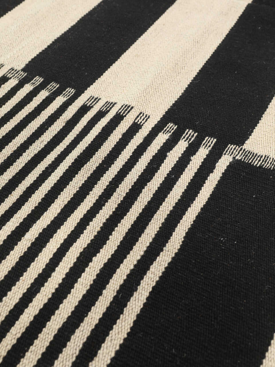 Black and ivory striped modern wool kilim rug, detail 6