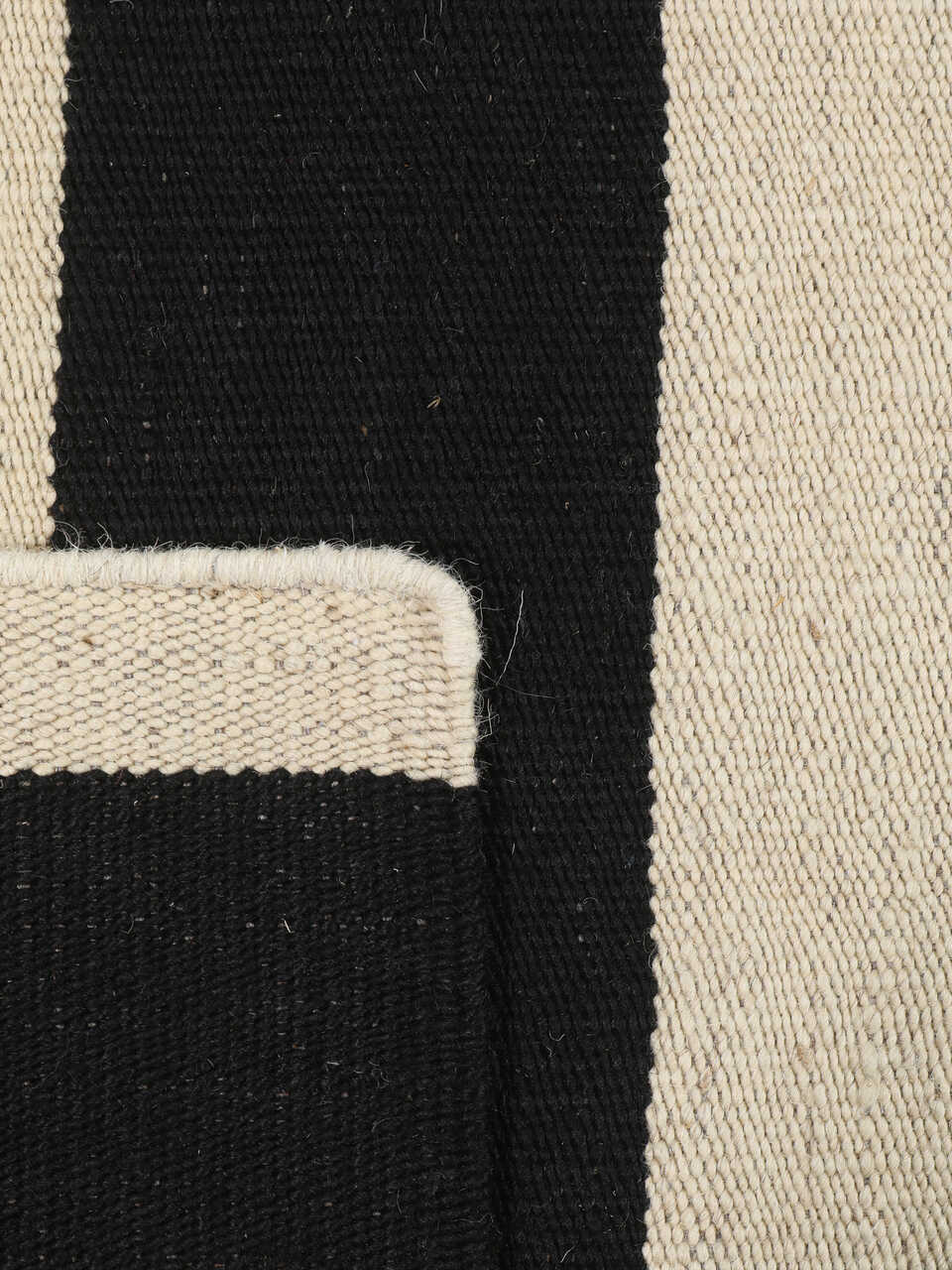 Black and ivory striped modern wool kilim rug, detail 8
