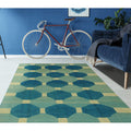 Blue, aqua and ivory octagon geometric wool kilim rug, full view