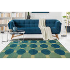 Blue, aqua and ivory octagon geometric wool kilim rug, detail 3
