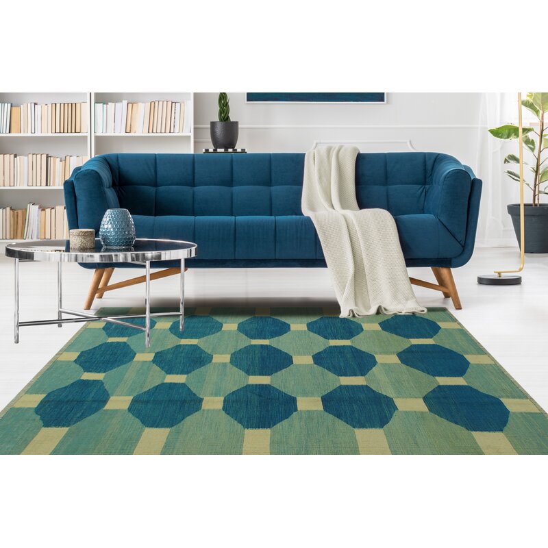 Blue, aqua and ivory octagon geometric wool kilim rug, detail 3
