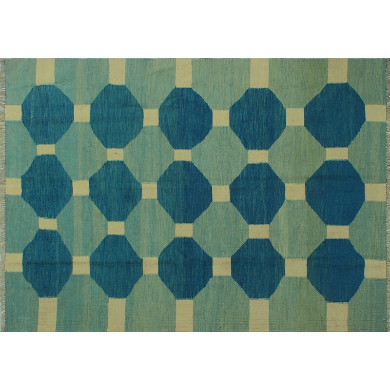 Blue, aqua and ivory octagon geometric wool kilim rug, detail 4