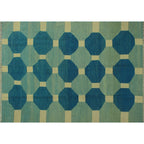 Blue, aqua and ivory octagon geometric wool kilim rug, detail 4