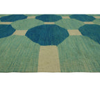 Blue, aqua and ivory octagon geometric wool kilim rug, detail 5