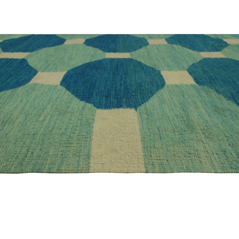 Blue, aqua and ivory octagon geometric wool kilim rug, detail 5