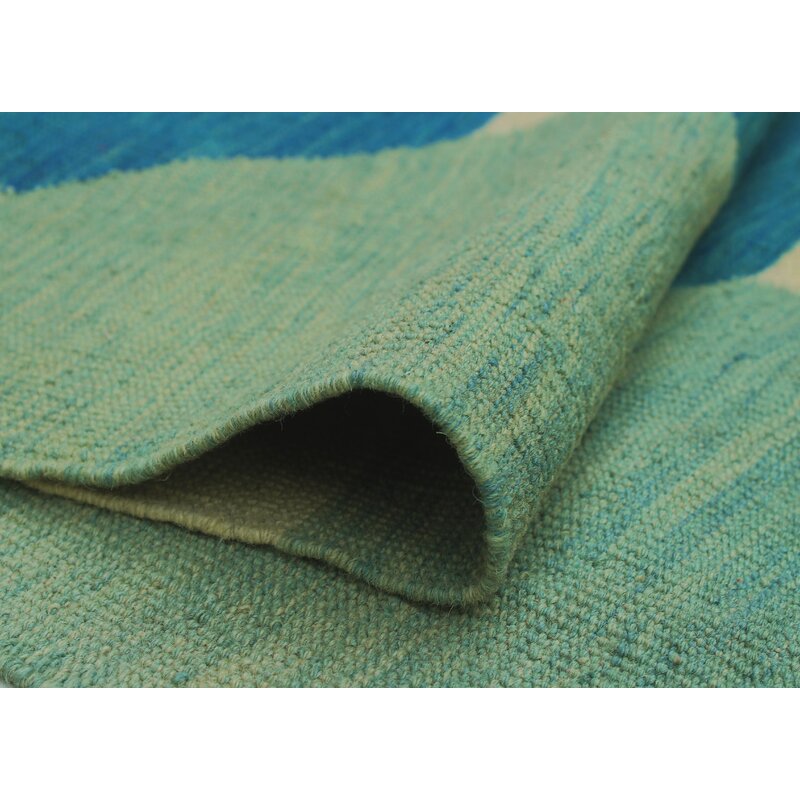 Blue, aqua and ivory octagon geometric wool kilim rug, detail 6