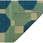 Blue, aqua and ivory octagon geometric wool kilim rug, detail 7