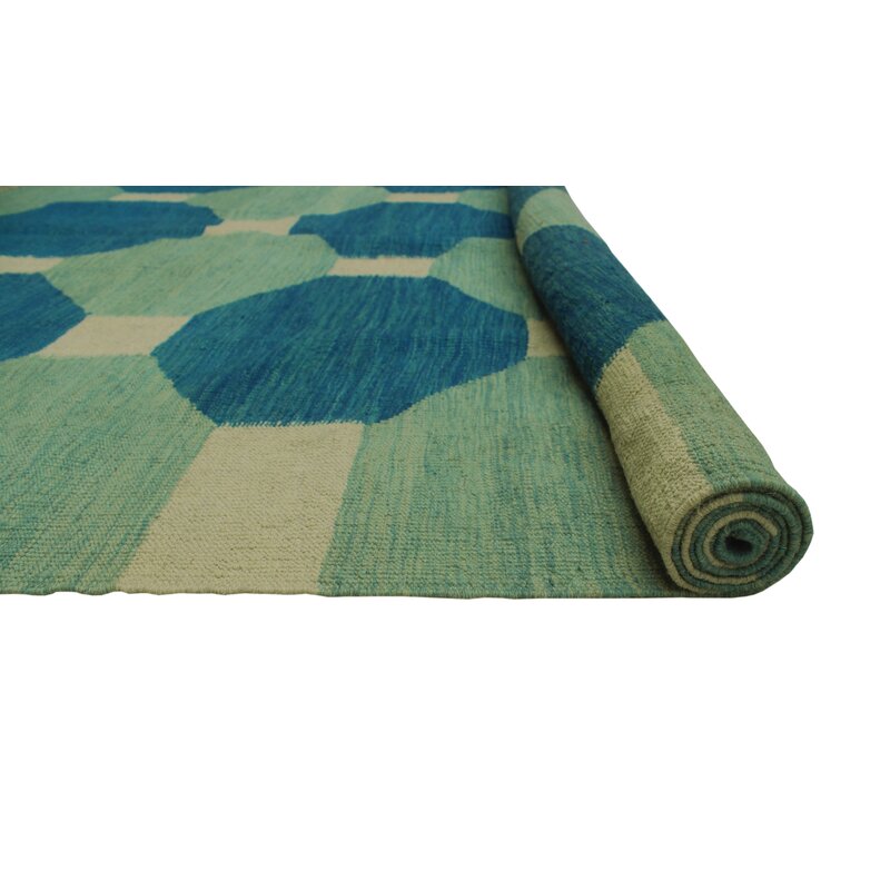 Blue, aqua and ivory octagon geometric wool kilim rug, detail 8