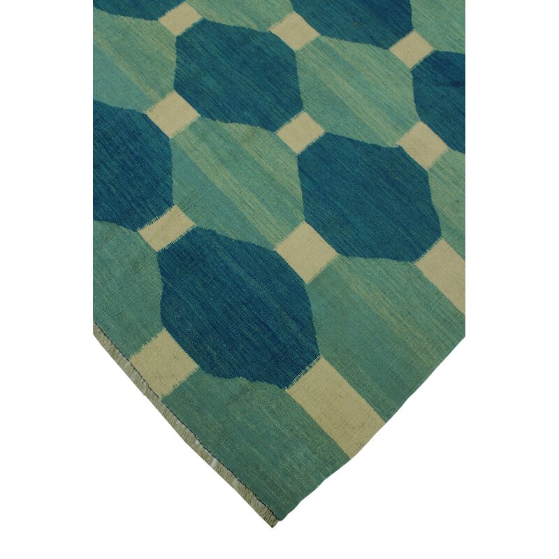 Blue, aqua and ivory octagon geometric wool kilim rug, detail 9
