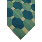 Blue, aqua and ivory octagon geometric wool kilim rug, detail 9