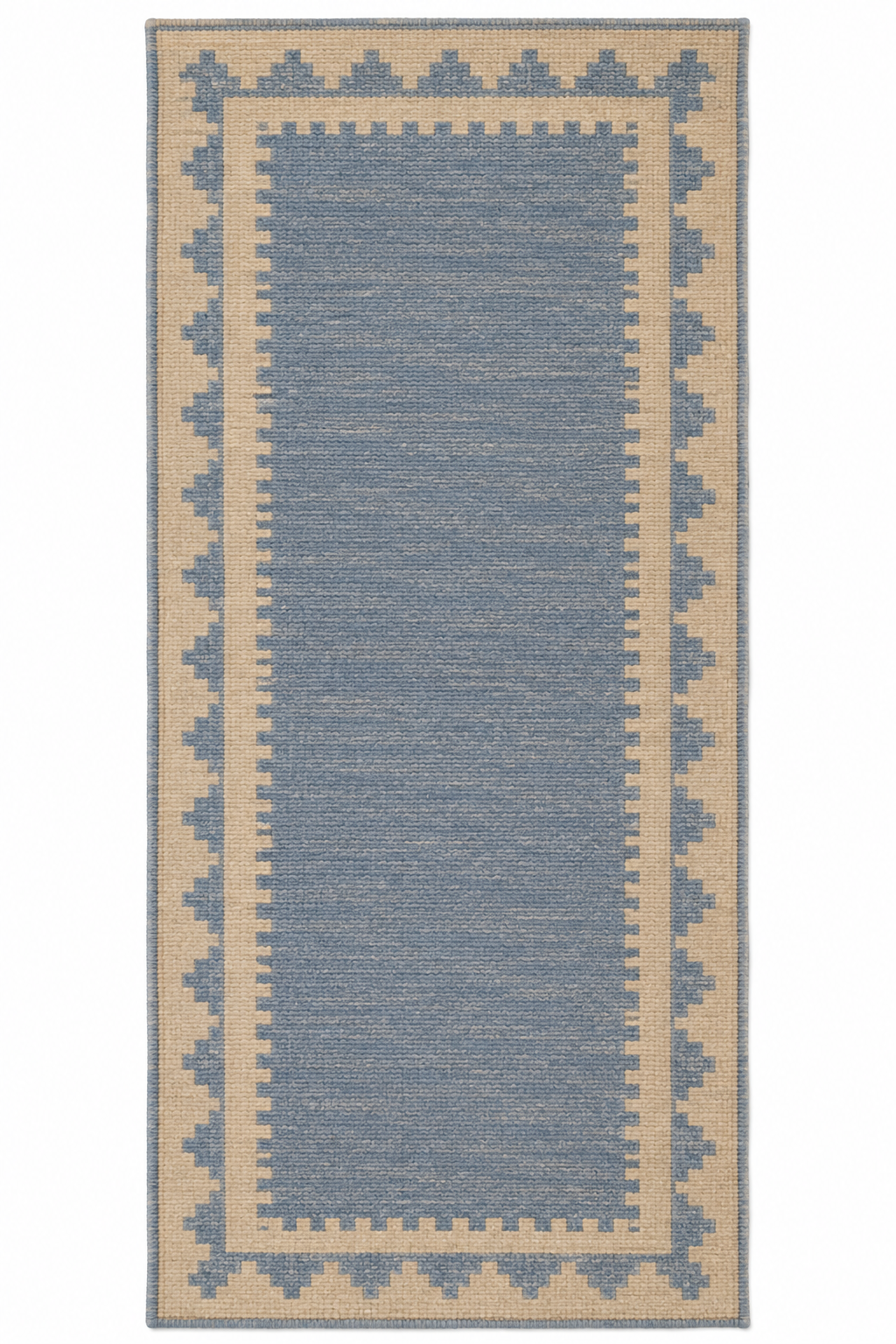 Full view of blue and ivory stepped-border handwoven wool runner
