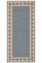 Full view of blue and ivory stepped-border handwoven wool runner