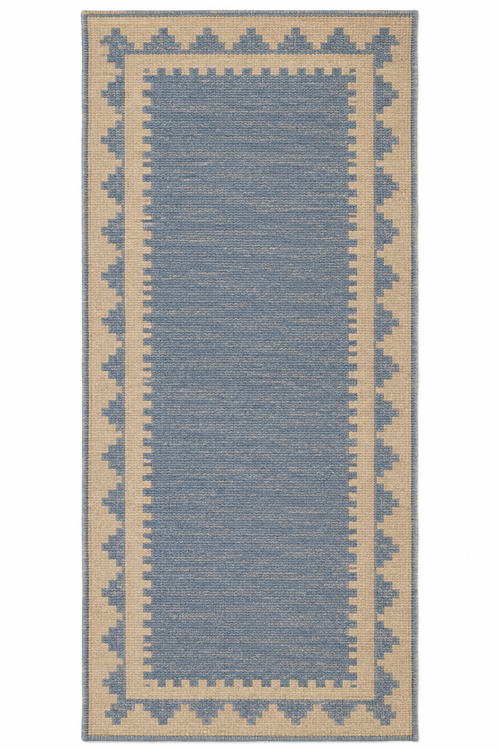 Full view of blue and ivory stepped-border handwoven wool runner