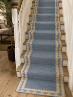 Blue and ivory stepped-border wool runner installed on a staircase