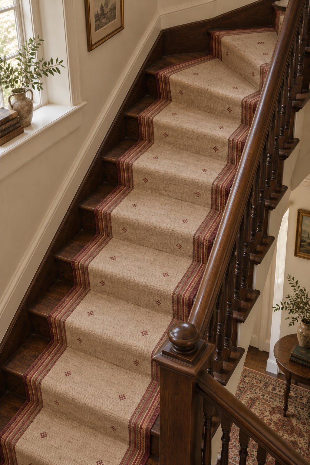 Angled view of burgundy striped wool kilim runner on turning stairs