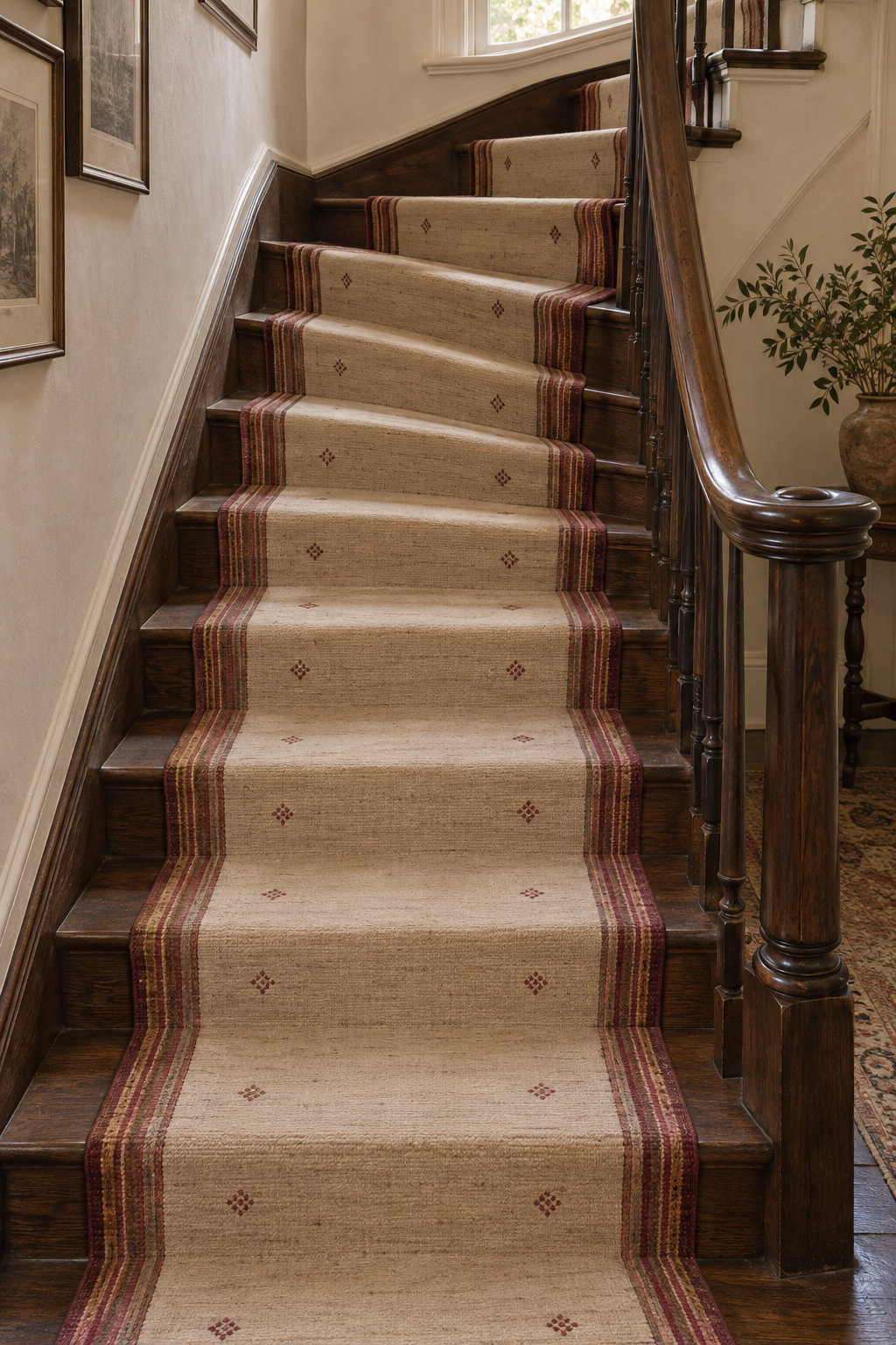 Burgundy heritage stripe wool kilim runner installed on a dark walnut staircase