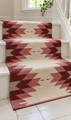 Burgundy & Ivory geometric wool stair runner on white stairs – closeup view, no fringes