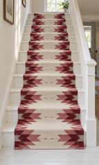 Burgundy & Ivory geometric wool stair runner on white stairs – front view, no fringes
