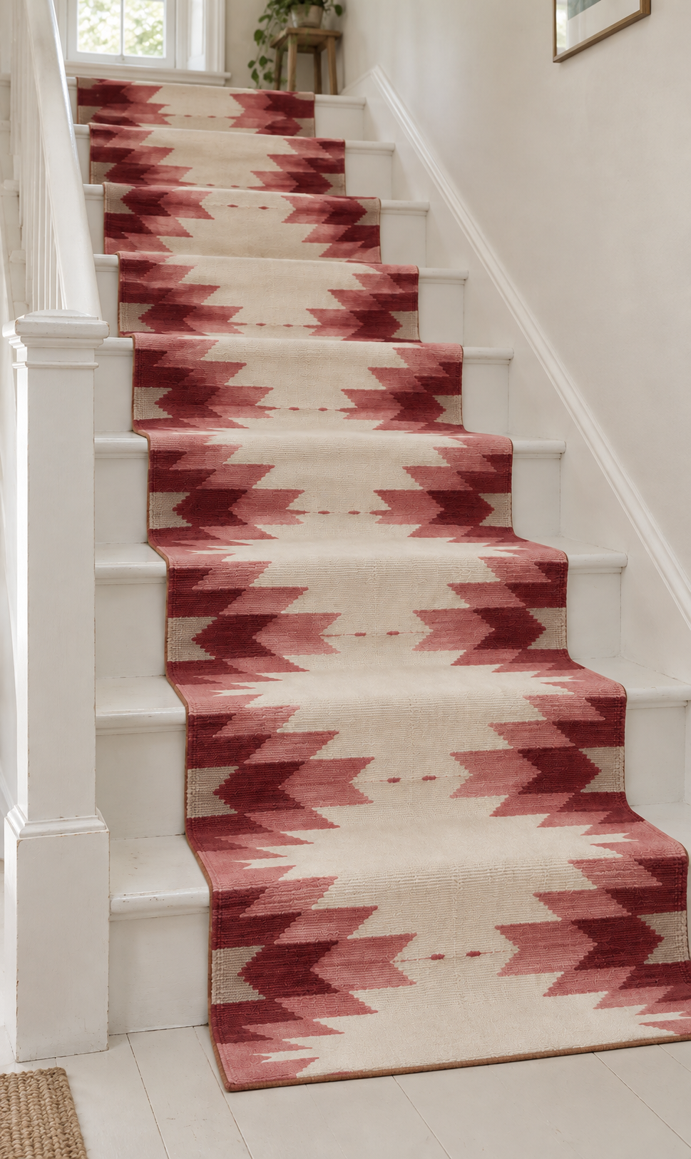 Burgundy & Ivory geometric wool stair runner on white stairs – side view, no fringes