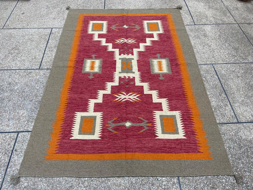 Burgundy orange and taupe tribal handmade wool kilim rug