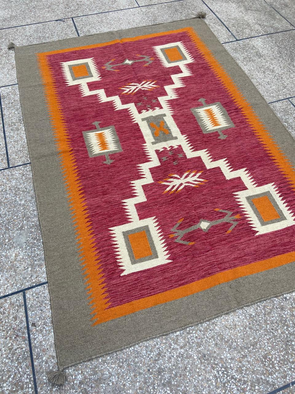 Burgundy orange and taupe tribal handmade wool kilim rug – view 2