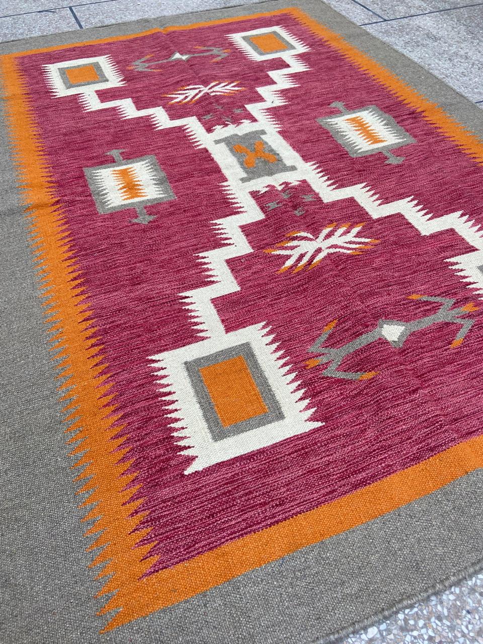 Burgundy orange and taupe tribal handmade wool kilim rug – view 3