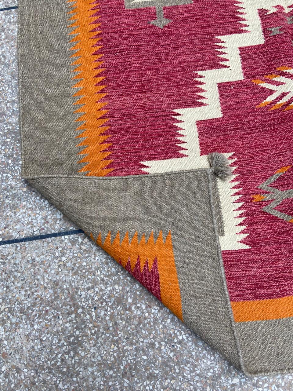 Burgundy orange and taupe tribal handmade wool kilim rug – view 4