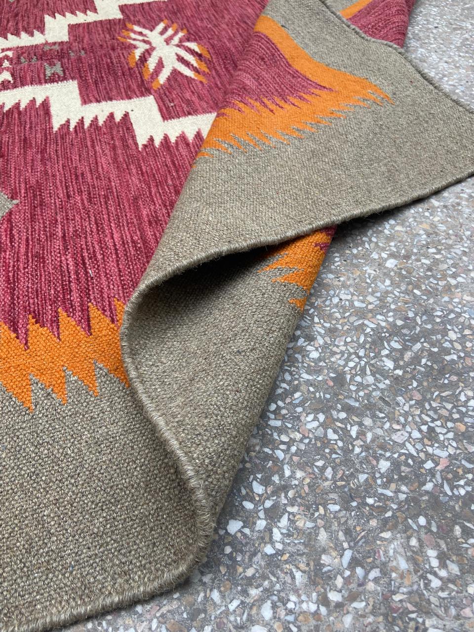Burgundy orange and taupe tribal handmade wool kilim rug – view 6