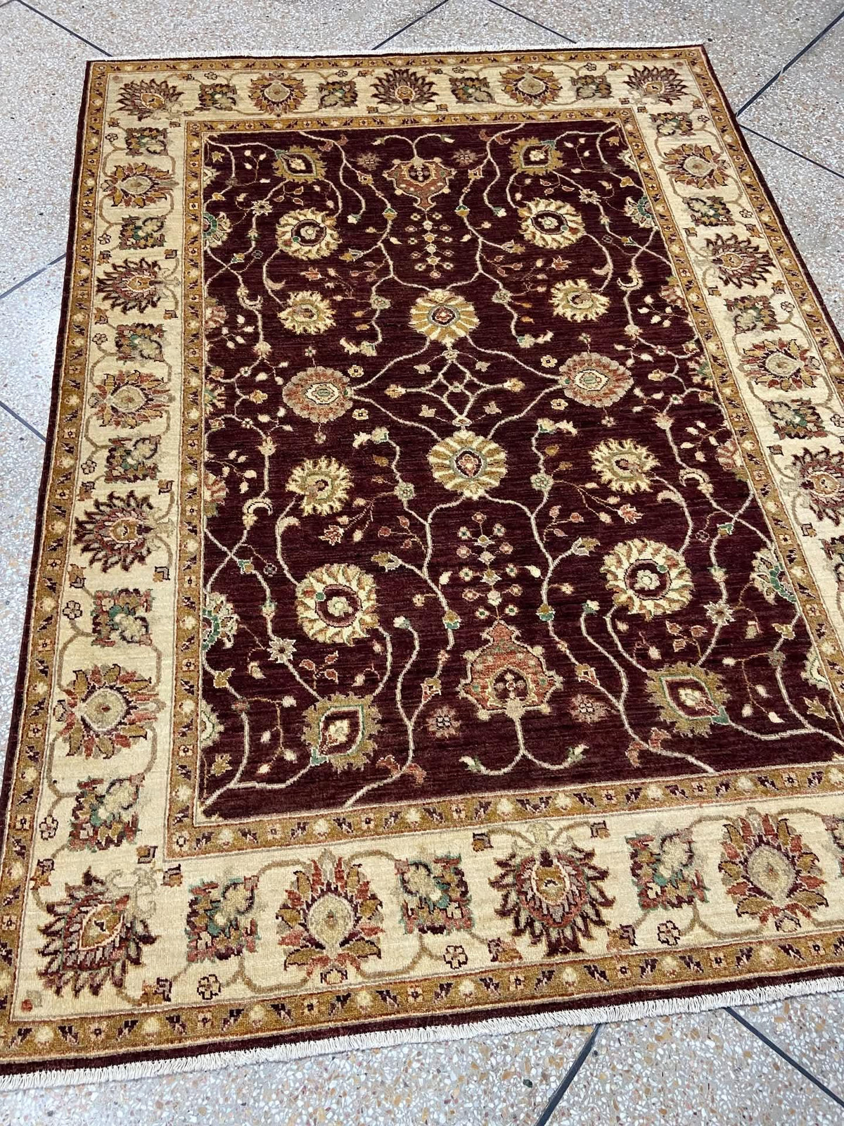 Hand Knotted Wool Ziegler Chobi Rug, Burgundy Floral Traditional Oriental Carpet, wine and beige carpet