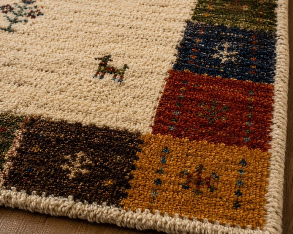 Hand-Knotted Gabbeh Wool Rug – Persian Tribal Thick Pile Rug, Cream & Multicolor Border