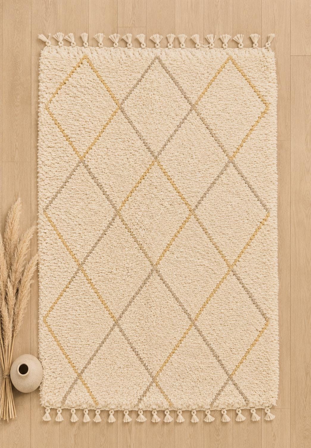 Hand-Knotted Wool Beni Ourain Rug, Cream Shag Berber Carpet, Boho Living Room