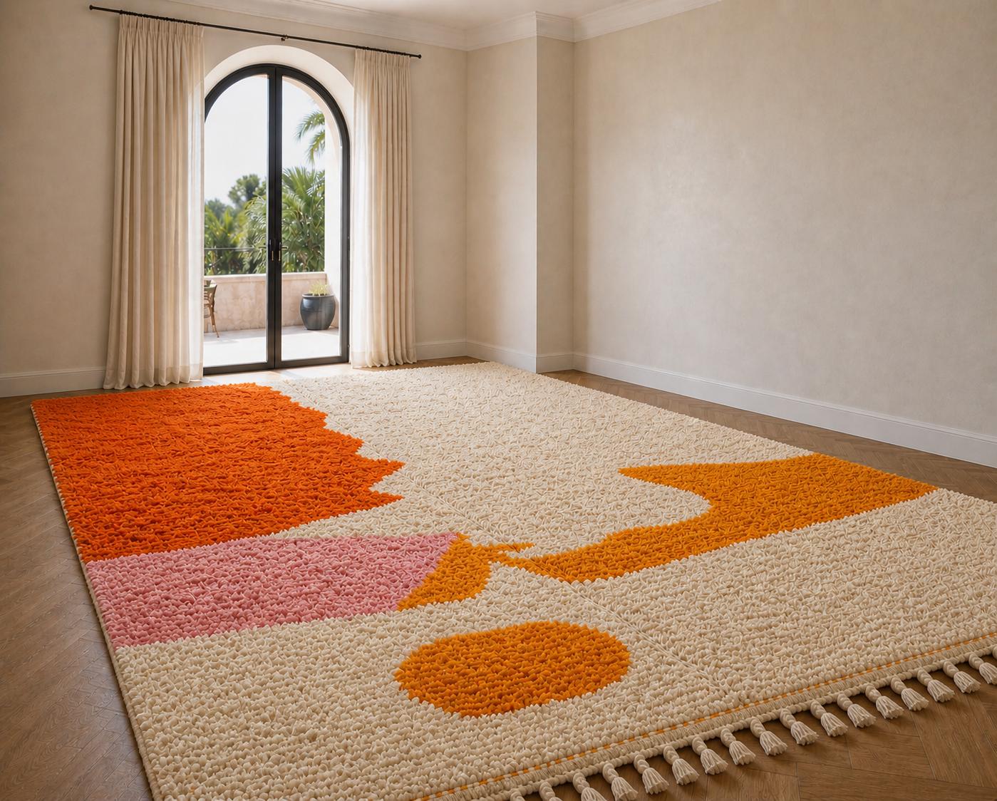 Moroccan Azilal Rug, Handmade Wool Berber Rug, Cream and Orange Abstract Area Rug, Colorful Boho Rug, Thick Pile Custom Rug