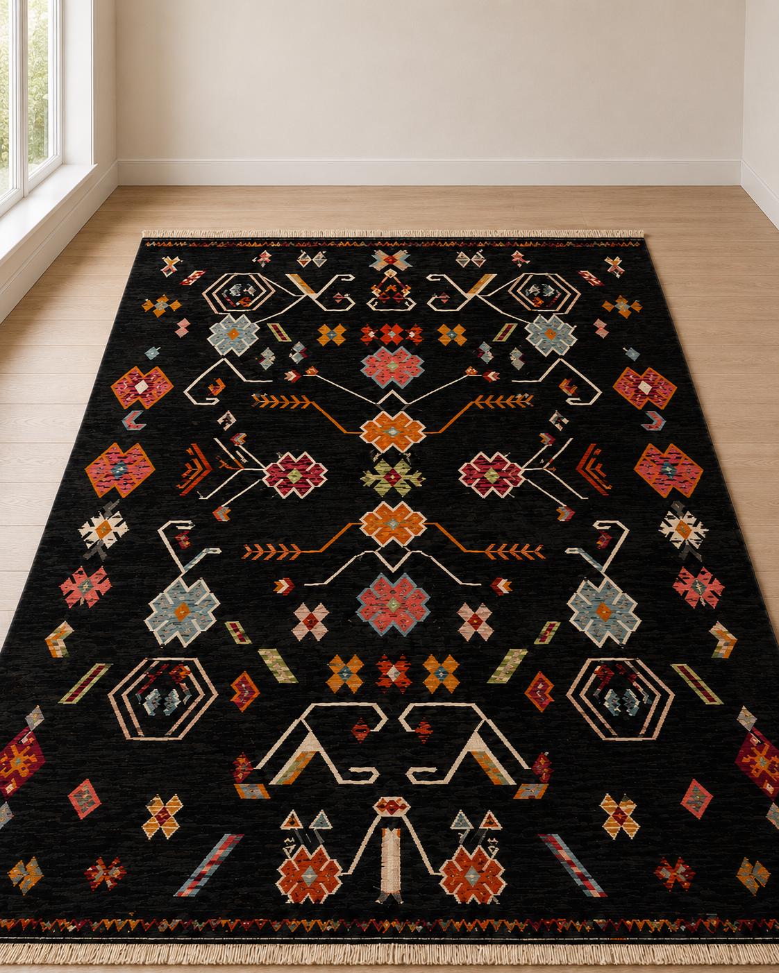 Handwoven Black Wool Kilim Rug, Reversible Flatweave Rug, Tribal Geometric Area Rug, Southwestern Kilim Carpet, Handmade Boho Decor Rug,