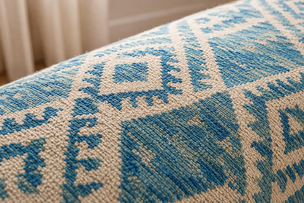 blue and ivory Handwoven Wool Kilim Rug, large Kilim for bedroom, Rustic Boho Tribal Flatweave,